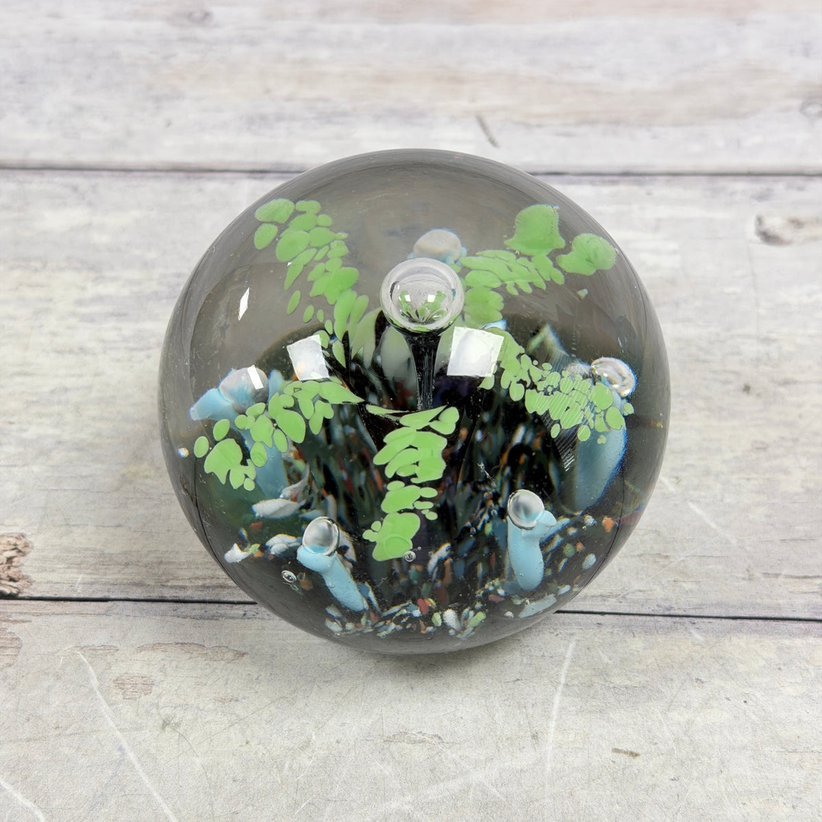 Lime Green and Pale Blue Controlled-Bubble Glass Paperweight, alternate view