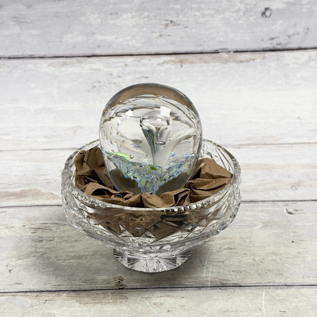 White trumpet-flower glass paperweight, alternate view; display bowl not included
